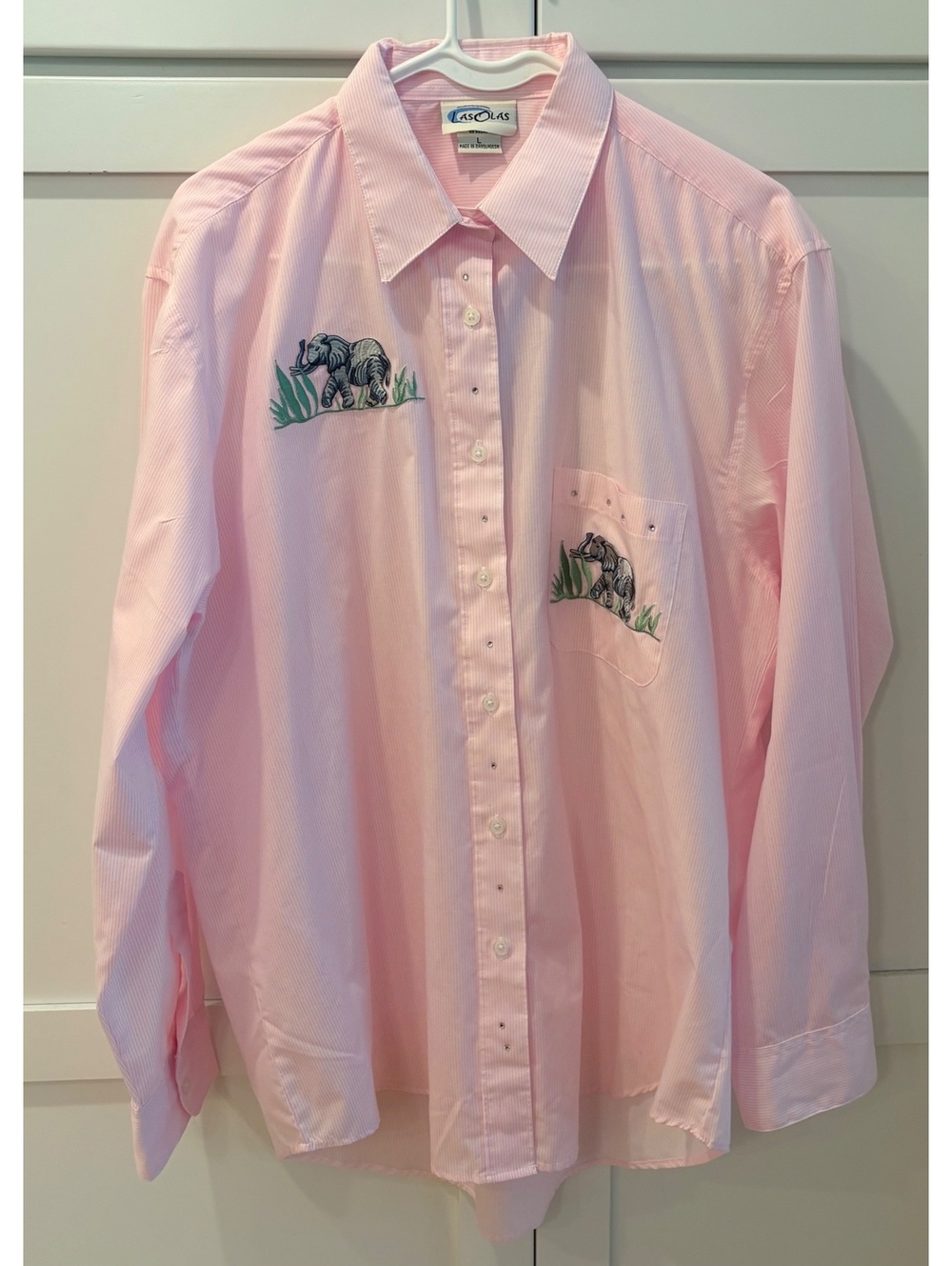 1990s/Y2k Las Oslas Pink & White Pinstripe Elephant & Rhinestone Button Down